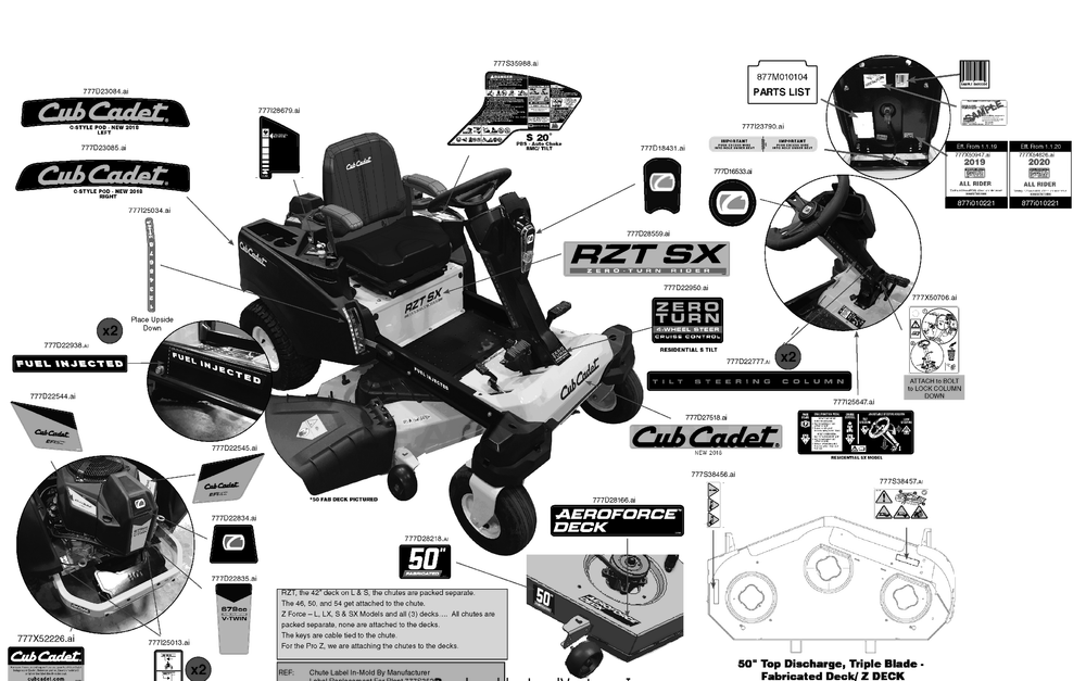 Label Map Diagram and Parts List for RZT-SX50EFI (17RWCBYZ010)(2020) Cub Cadet Lawn Tractor